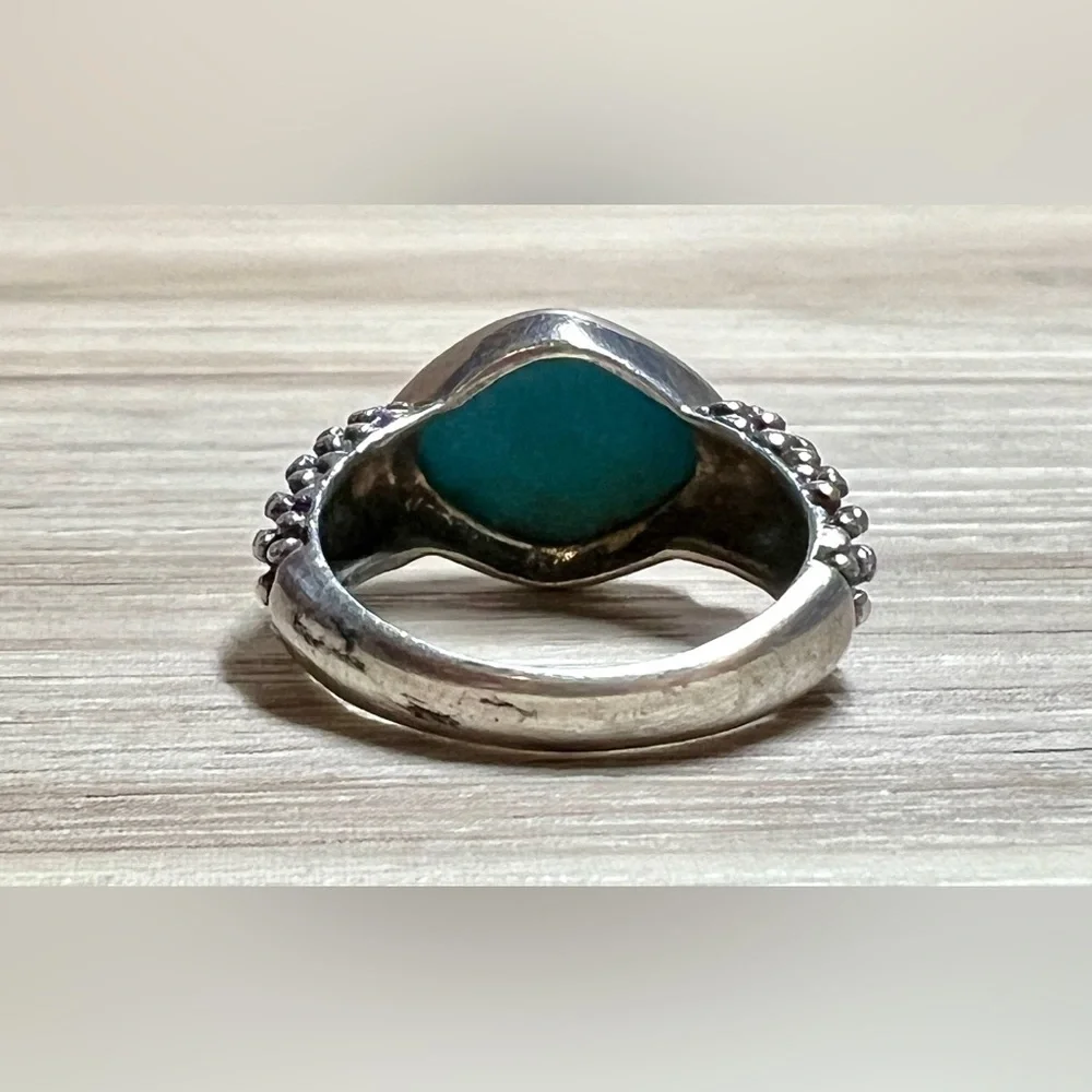 Vintage Designer Sterling Silver Pebbled Caviar Pointed Turquoise Ring, Size 6